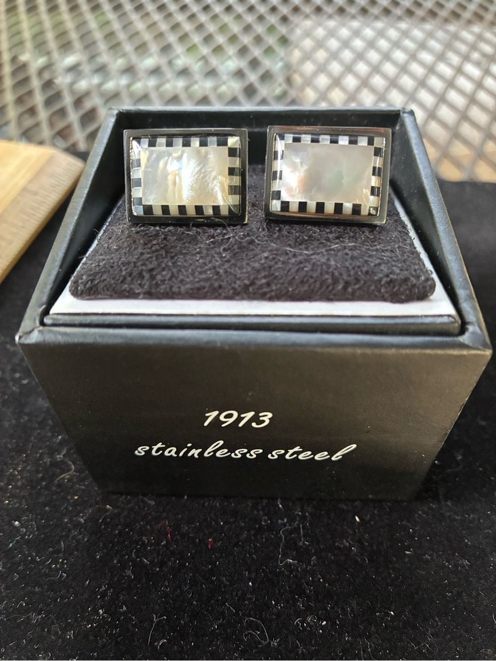 Stainless Steel Black & Mother of Pearl Inlay Cufflinks NIB